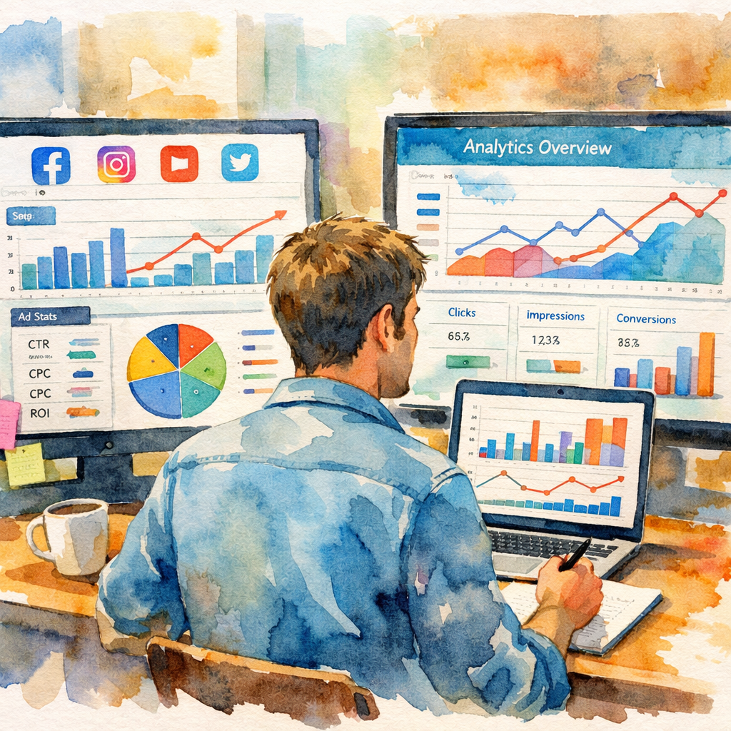 Watercolor scene of a marketer reviewing dashboards filled with social media graphs and ad performance charts.