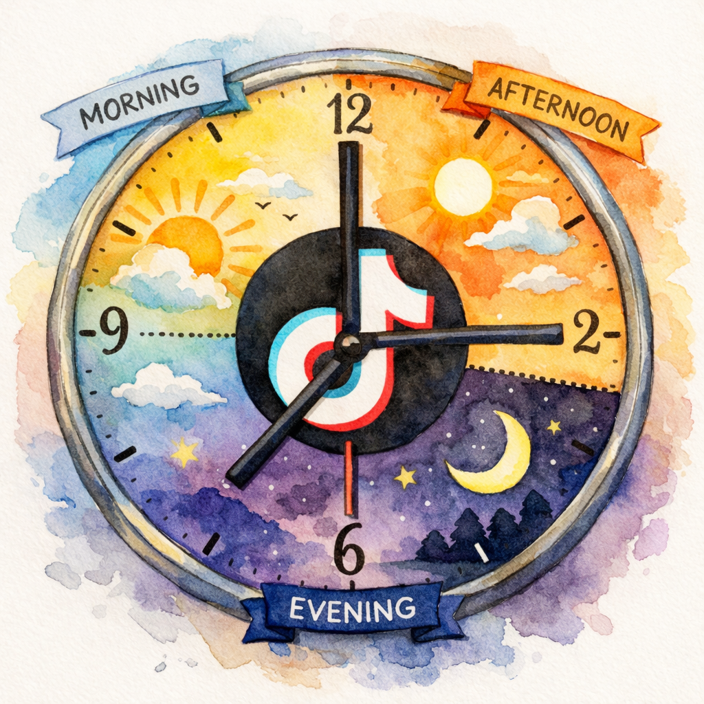 Watercolor illustration of a clock with TikTok logo, highlighting morning, afternoon, and evening posting windows