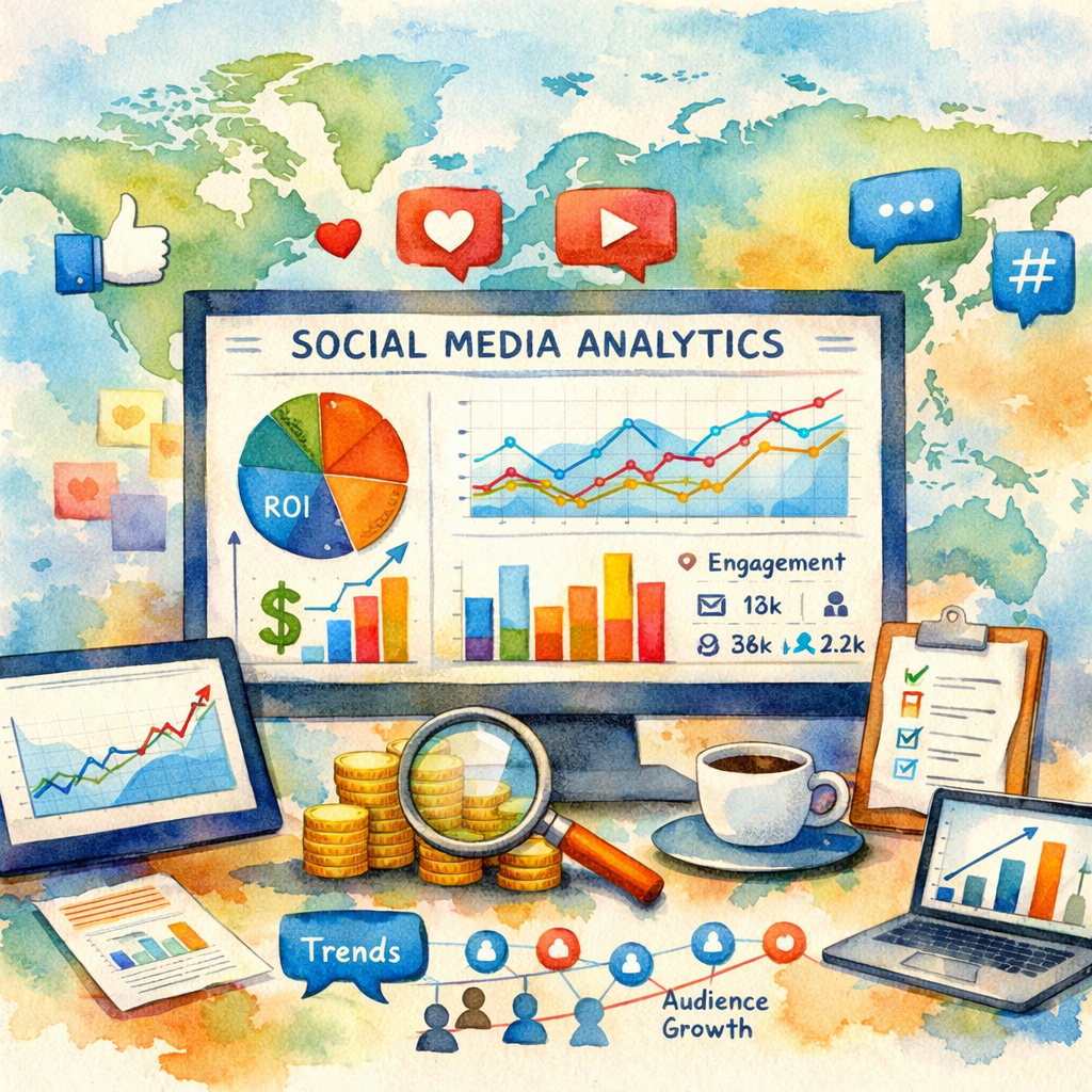 Watercolor illustration of a global social media dashboard with charts and graphs, alt: enterprise social analytics ROI