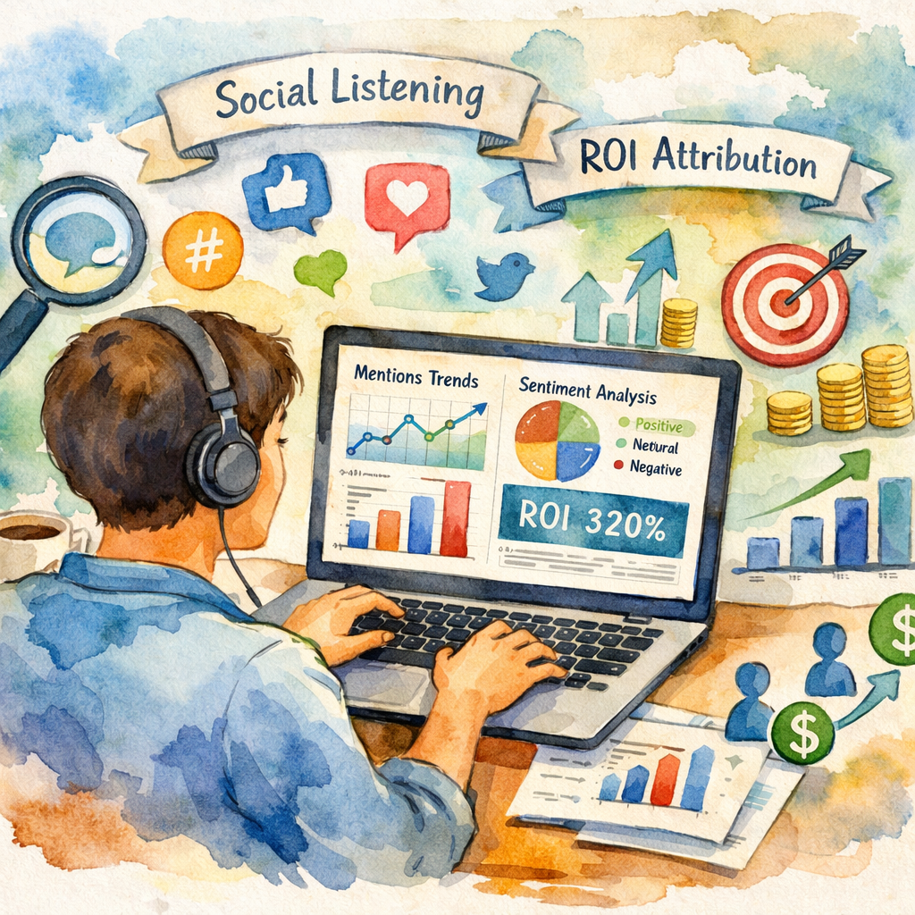 Watercolor scene of a researcher analyzing social media mentions on a laptop, alt: social listening ROI attribution illu