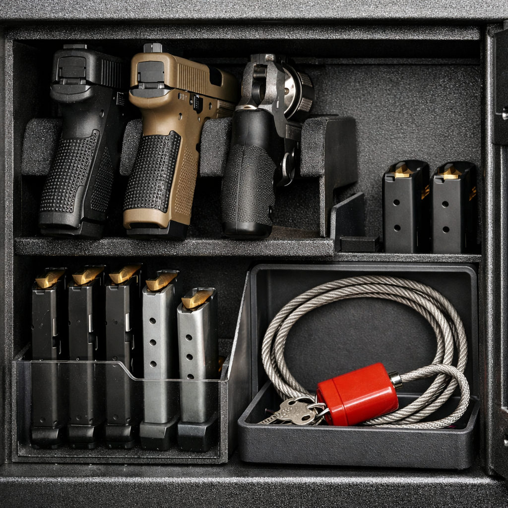 A realistic close‑up of a compact steel gun cabinet interior with organized handguns, magazines, and a cable lock, showi