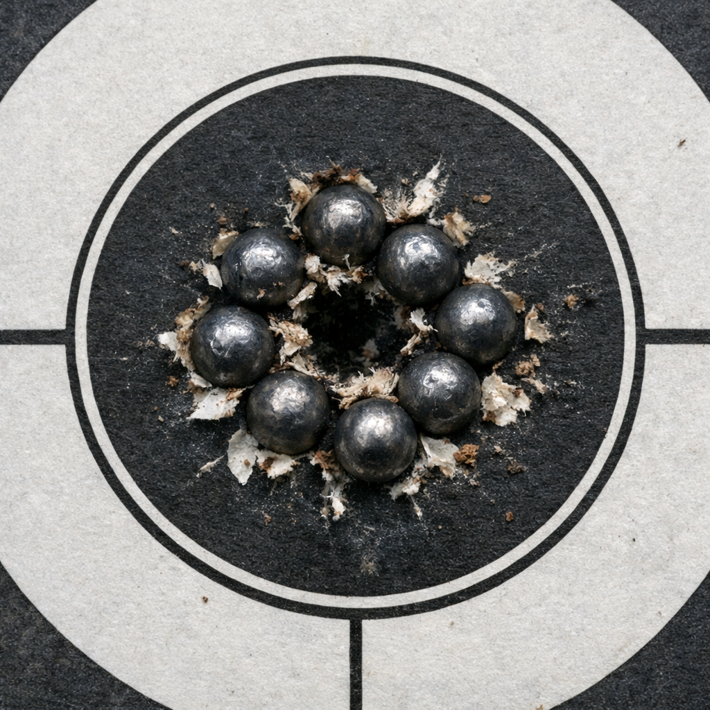 A photorealistic close‑up of a 00 buckshot pattern on a target board, showing tight pellet group at 7 yards, Realism sty