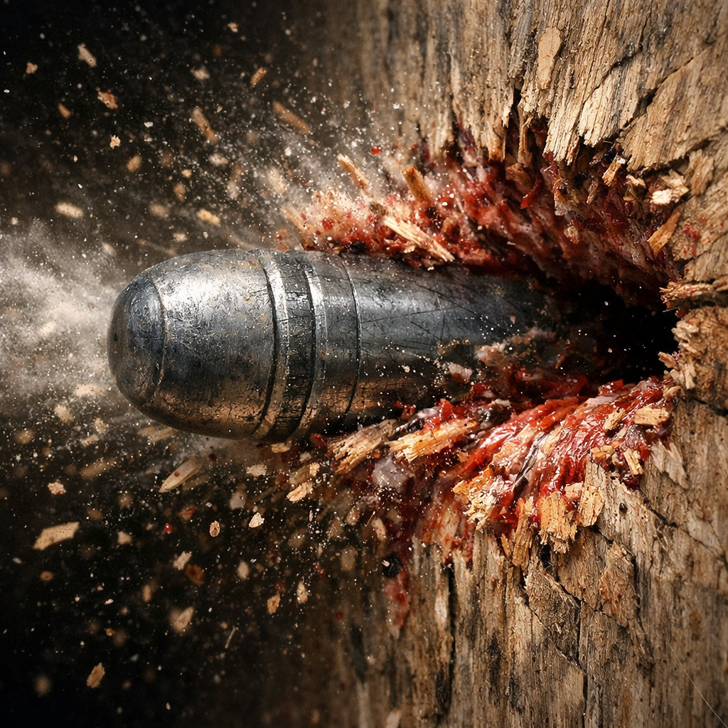 A realistic close‑up of a 12‑gauge slug striking a target, showing deep penetration, Realism style, alt: 12‑gauge slug p