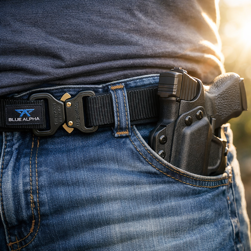 Blue Alpha Gear Hybrid EDC belt with Cobra buckle for concealed carry.