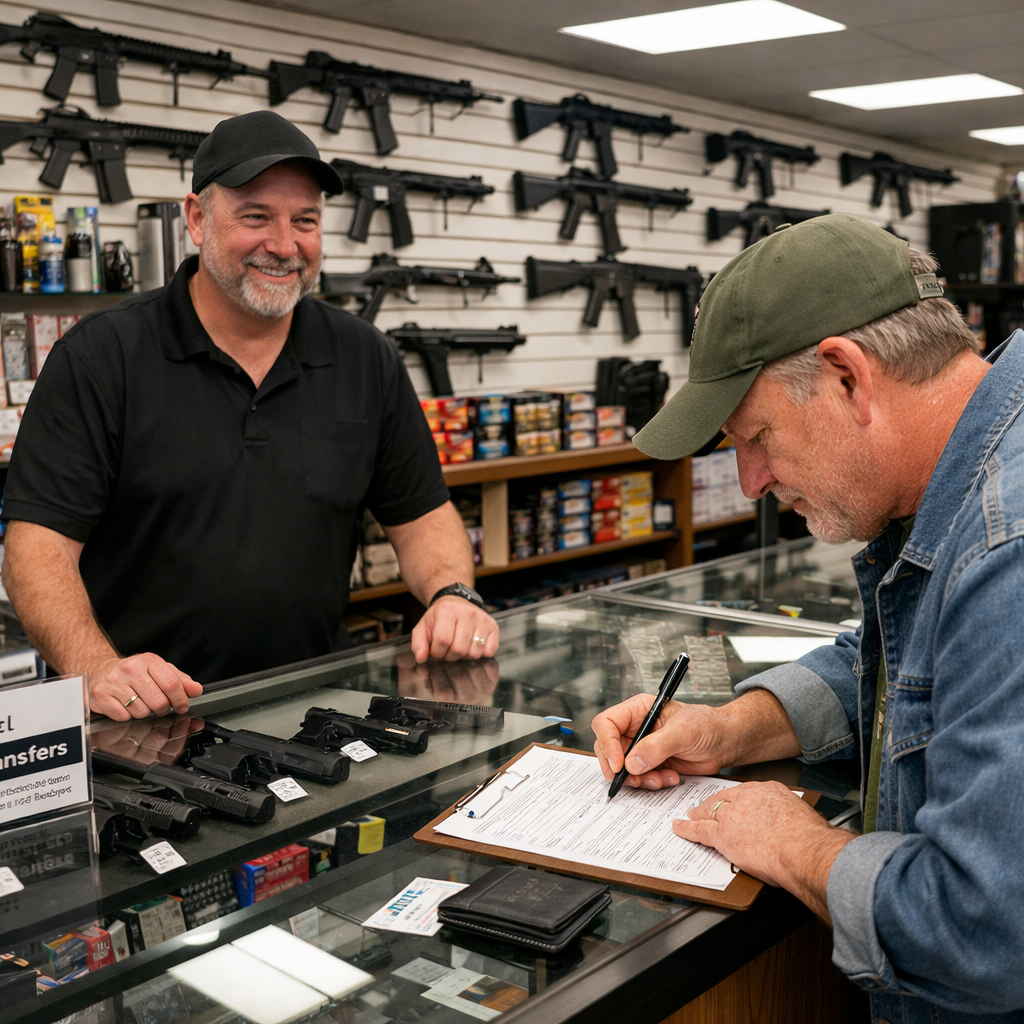 Local gun store FFL transfer counter with customer completing 4473 form.