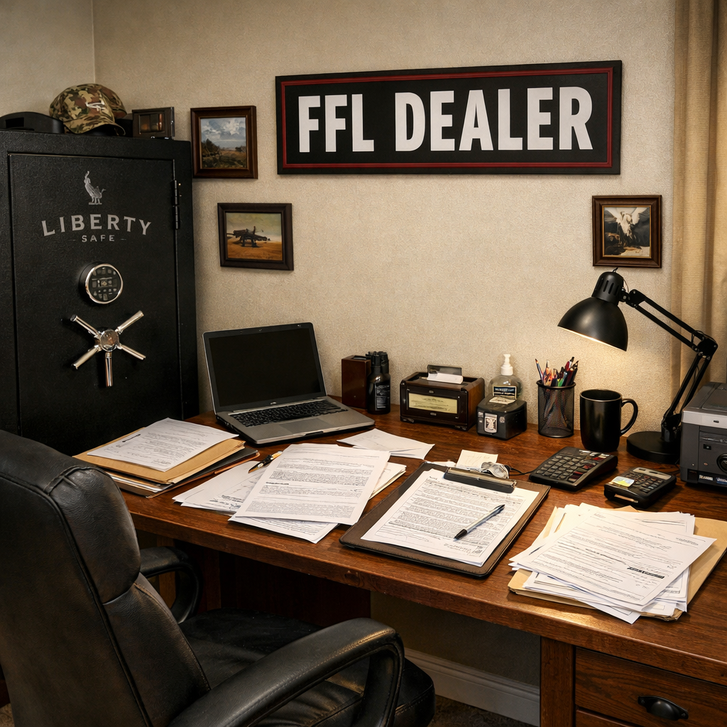 Home-based FFL dealer workspace with safe and paperwork.