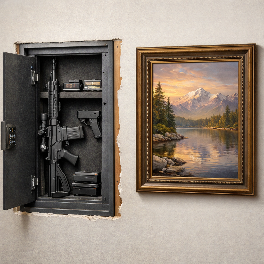 A realistic illustration of a sleek in‑wall gun safe installed behind a painted drywall panel, showing the safe’s steel 