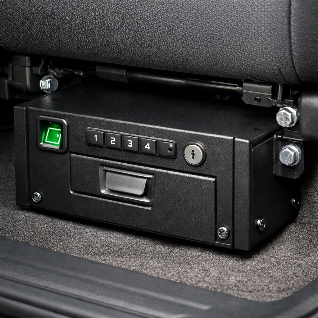 A realistic rendering of a compact steel gun vault mounted under a vehicle seat, showing biometric scanner and bolt atta