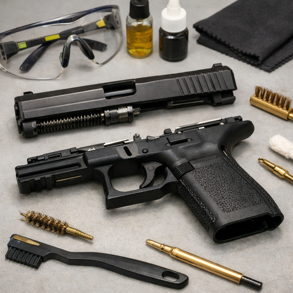 disassembled handgun parts ready for cleaning