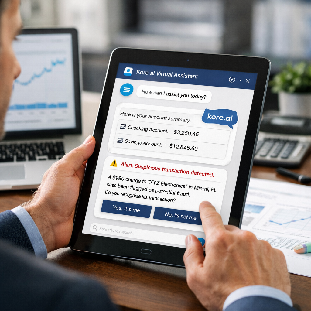 Kore.ai chatbot integrated into a banking dashboard for customer service.