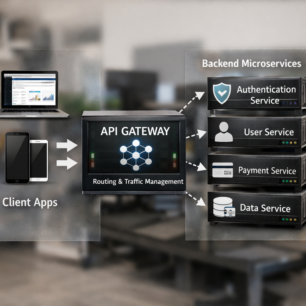 Architecture diagram of an API gateway routing traffic from web and mobile apps to backend services.