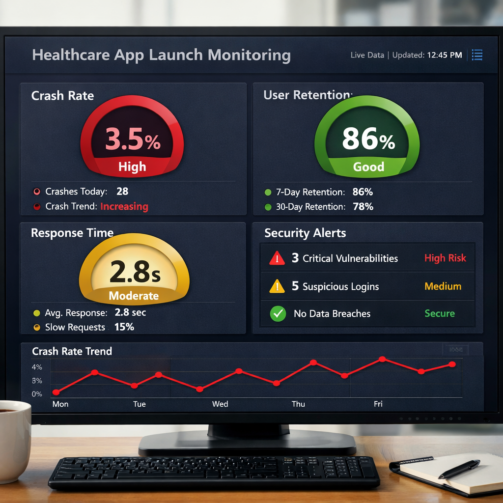 Healthcare app launch monitoring dashboard with performance metrics and security alerts.
