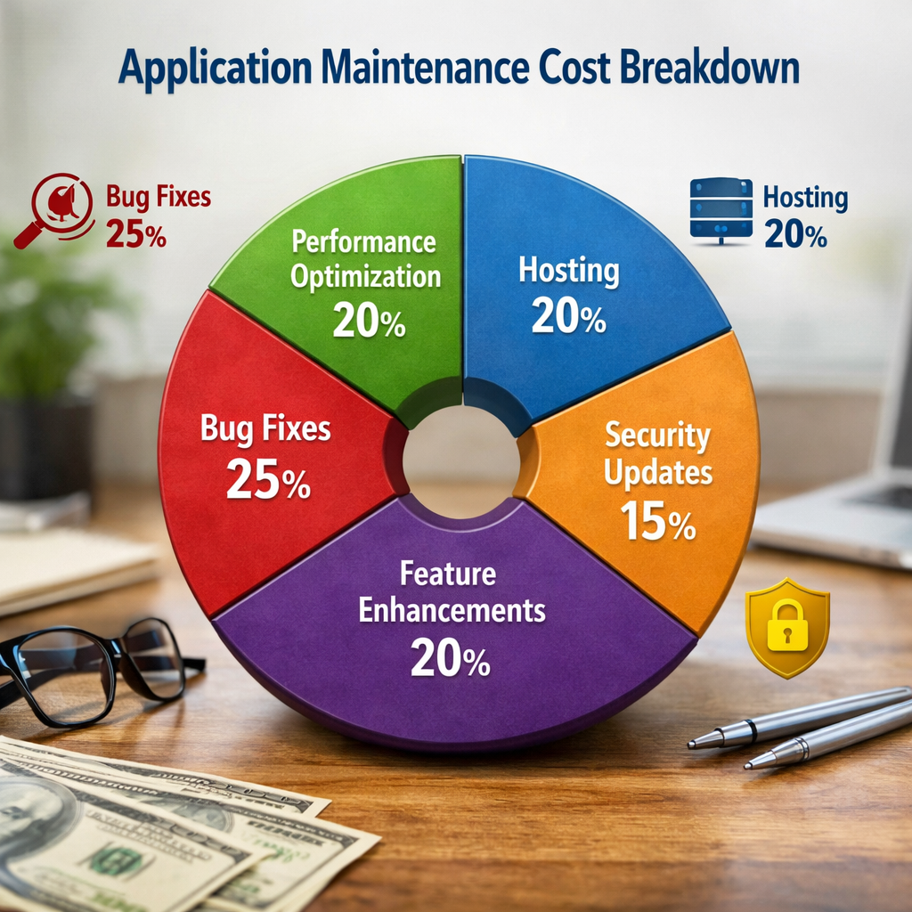 Pie chart breakdown of application maintenance cost categories.