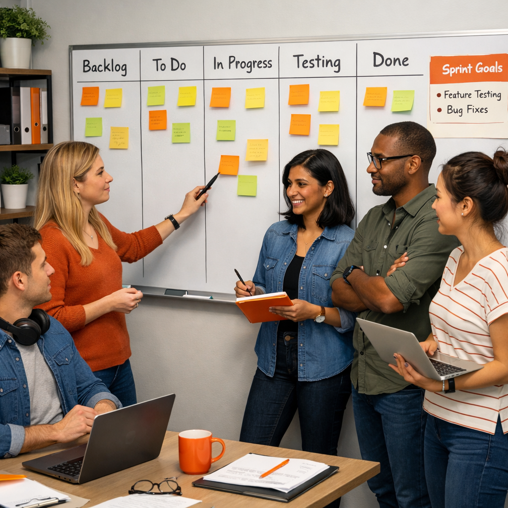 Agile QA team collaborating on sprint testing