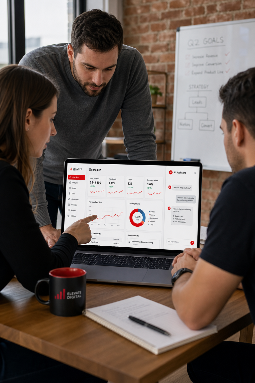 custom software dashboard review in a small business office