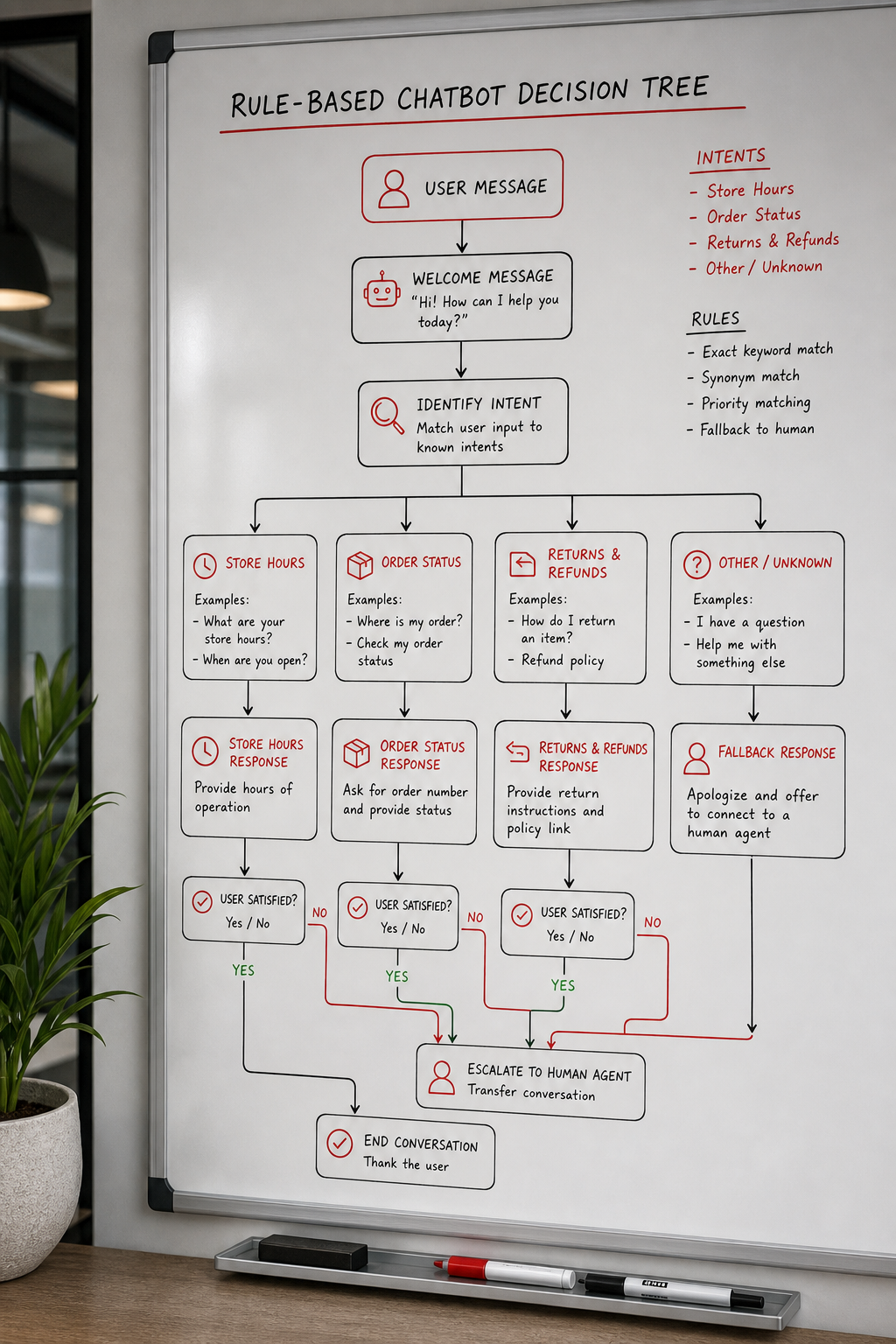 rule‑based chatbot decision tree for FAQ handling.