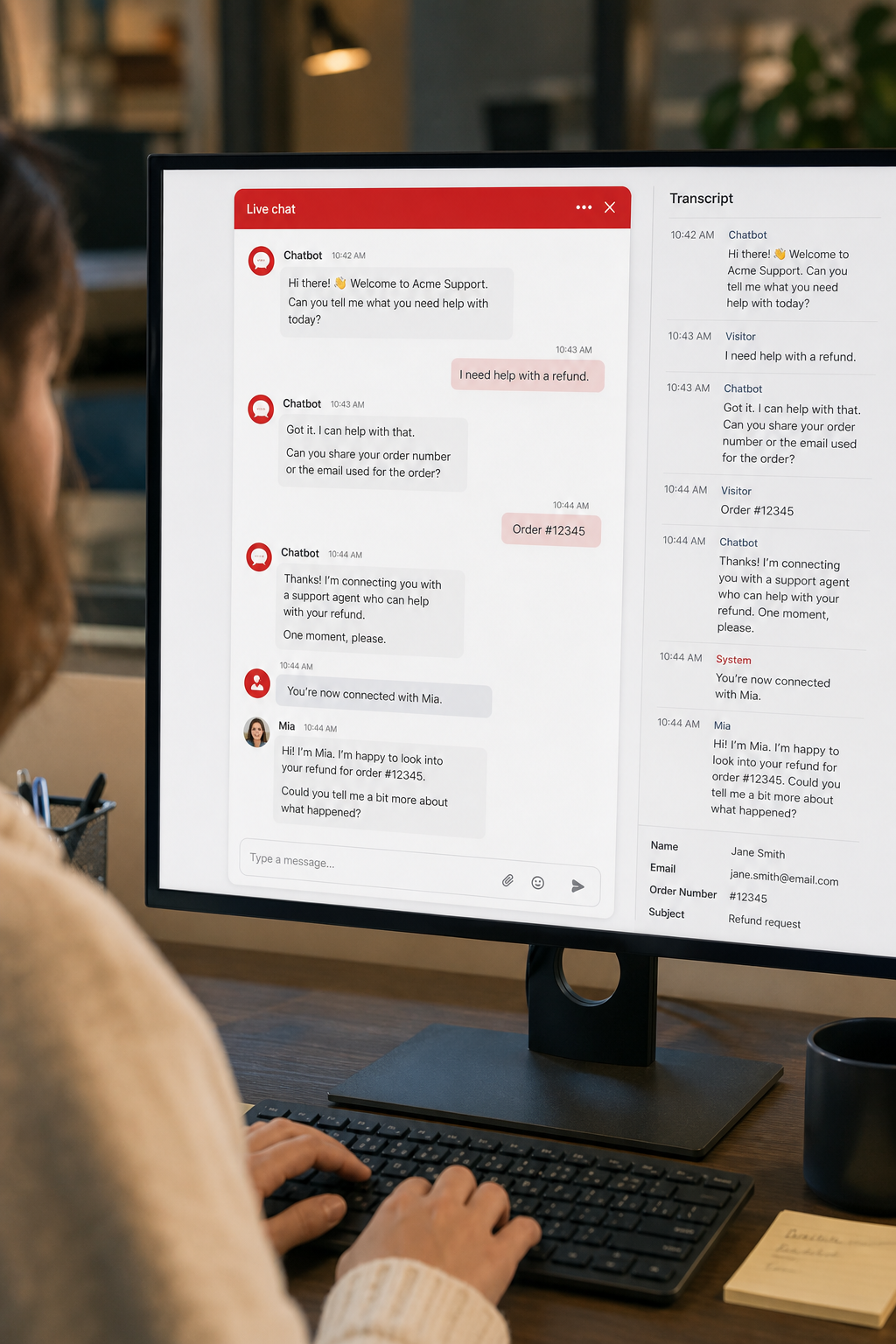 chatbot triage flow from automated greeting to human handoff.