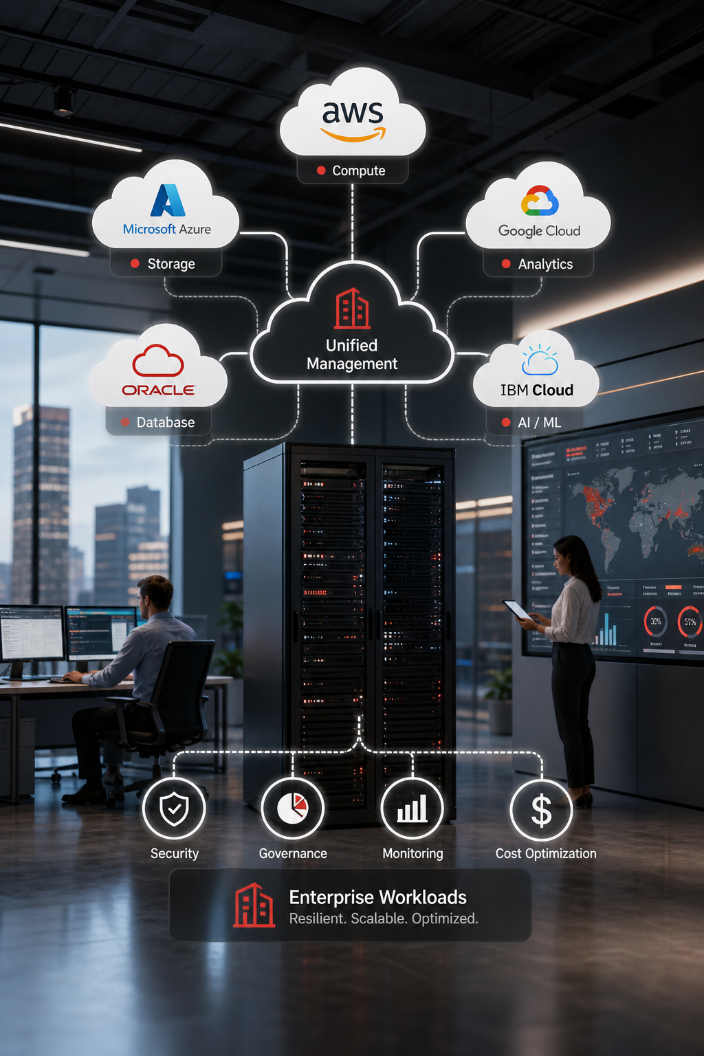 Multi-cloud strategy diagram showing various cloud services connected to a unified enterprise architecture.