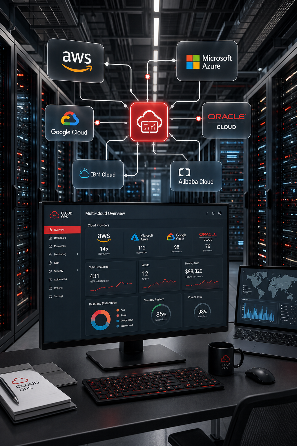 multi‑cloud management architecture showing integrated monitoring and control.