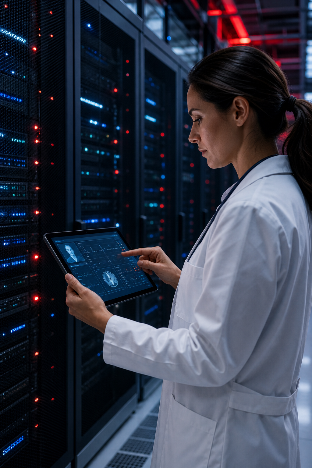 A realistic data center with glowing servers and a clinician using a tablet to view patient dashboards, Realism style