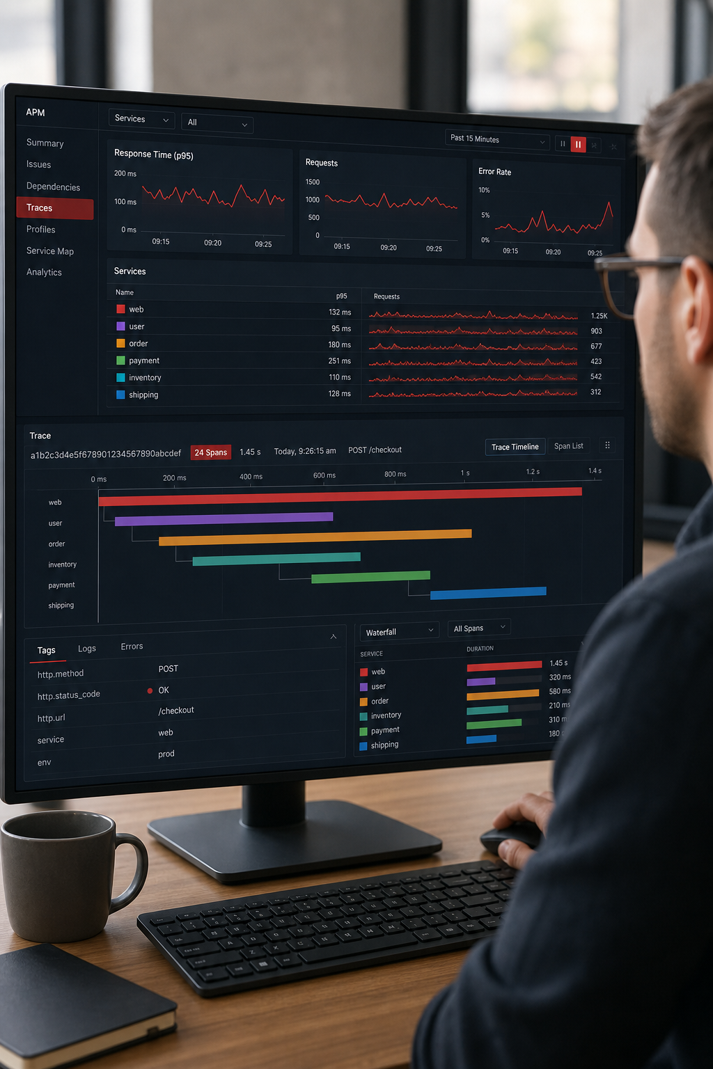 Datadog APM dashboard showing trace analysis
