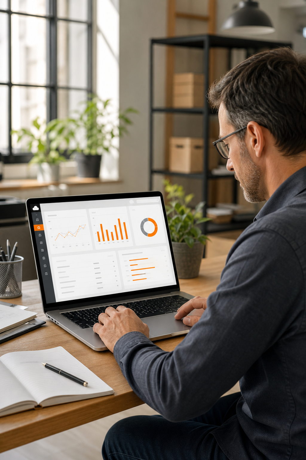 A realistic illustration of a small business owner reviewing a custom cloud dashboard on a laptop, with subtle branding 