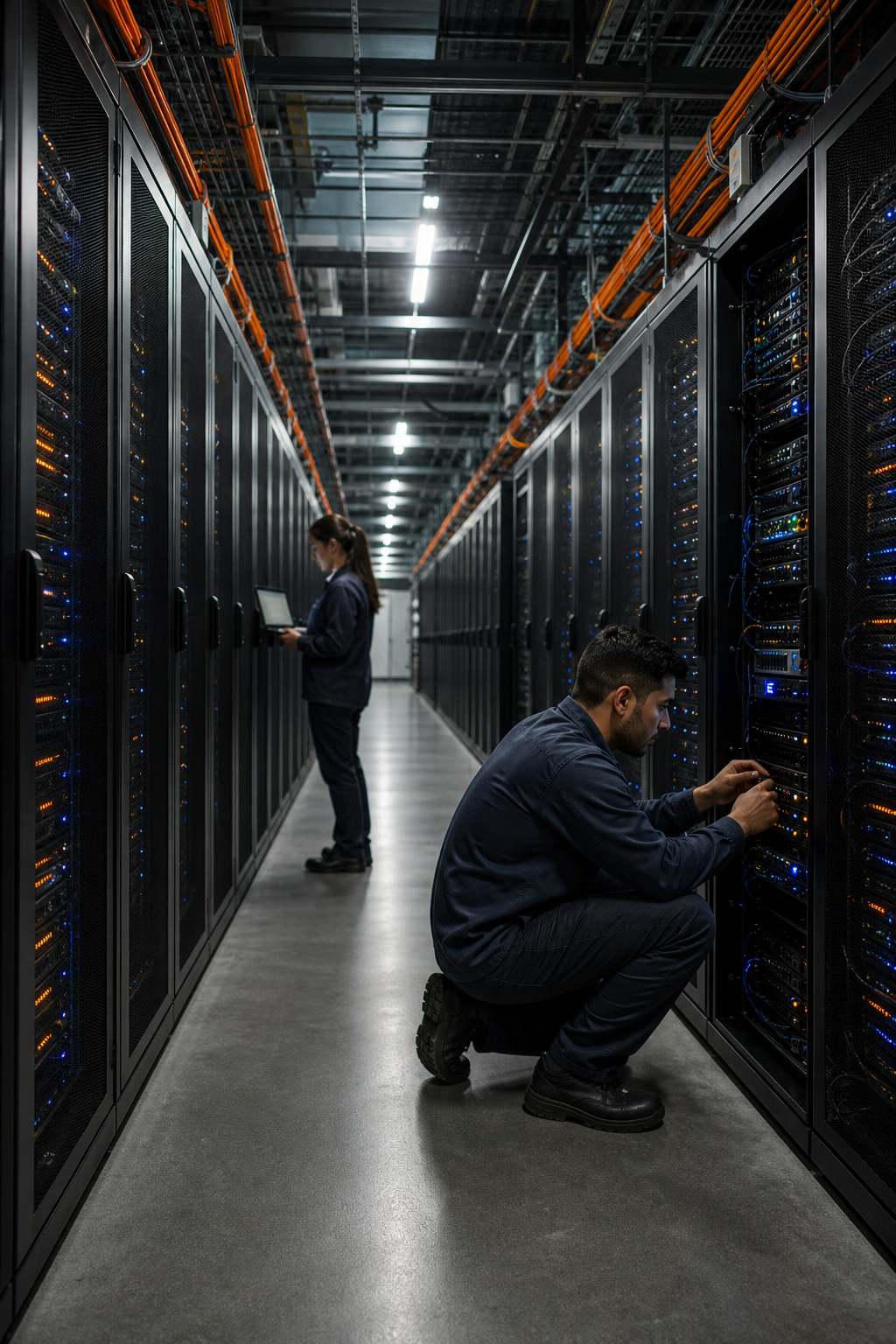 A realistic rendering of a bustling data center with glowing server racks, alt: AWS global infrastructure visual
