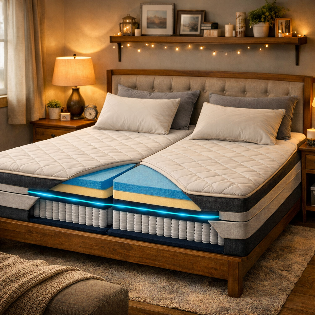 split‑king smart mattress hybrid design for couples