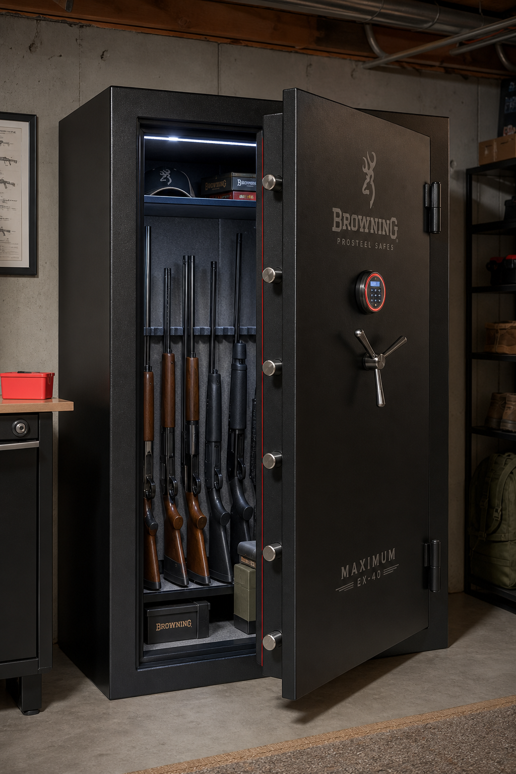 A realistic scene of a heavy steel gun safe installed in a home basement, showing the thick steel door, LED interior lig