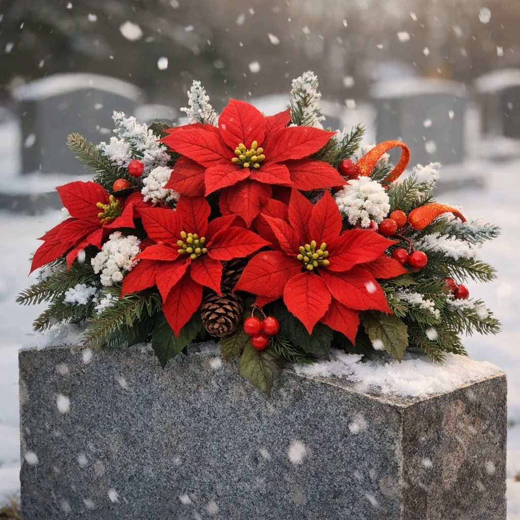 Christmas grave flowers poinsettia silk arrangement