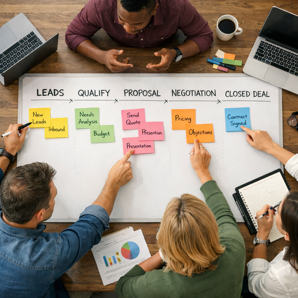 Sales team planning pipeline stages on a whiteboard.