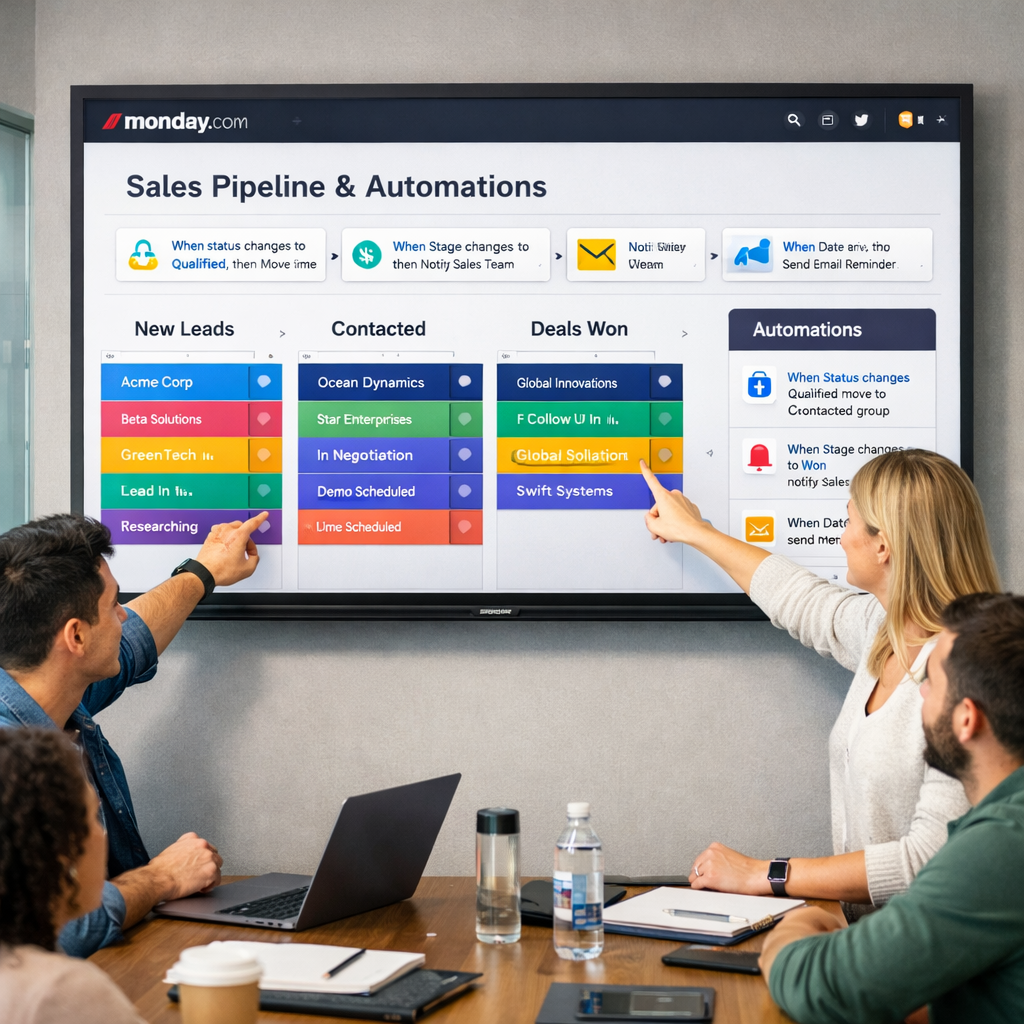 Collaborative team reviewing monday.com CRM boards on a large screen.