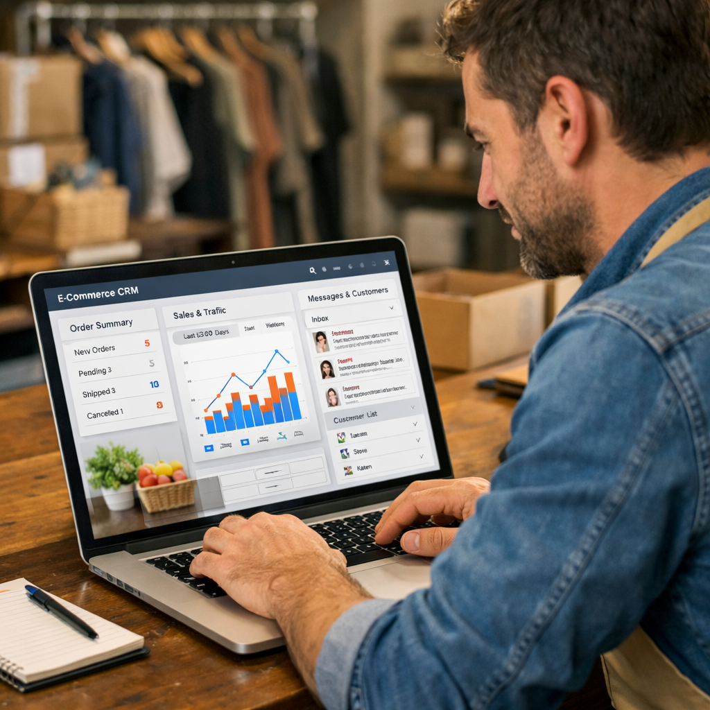 Small business owner managing ecommerce crm on laptop