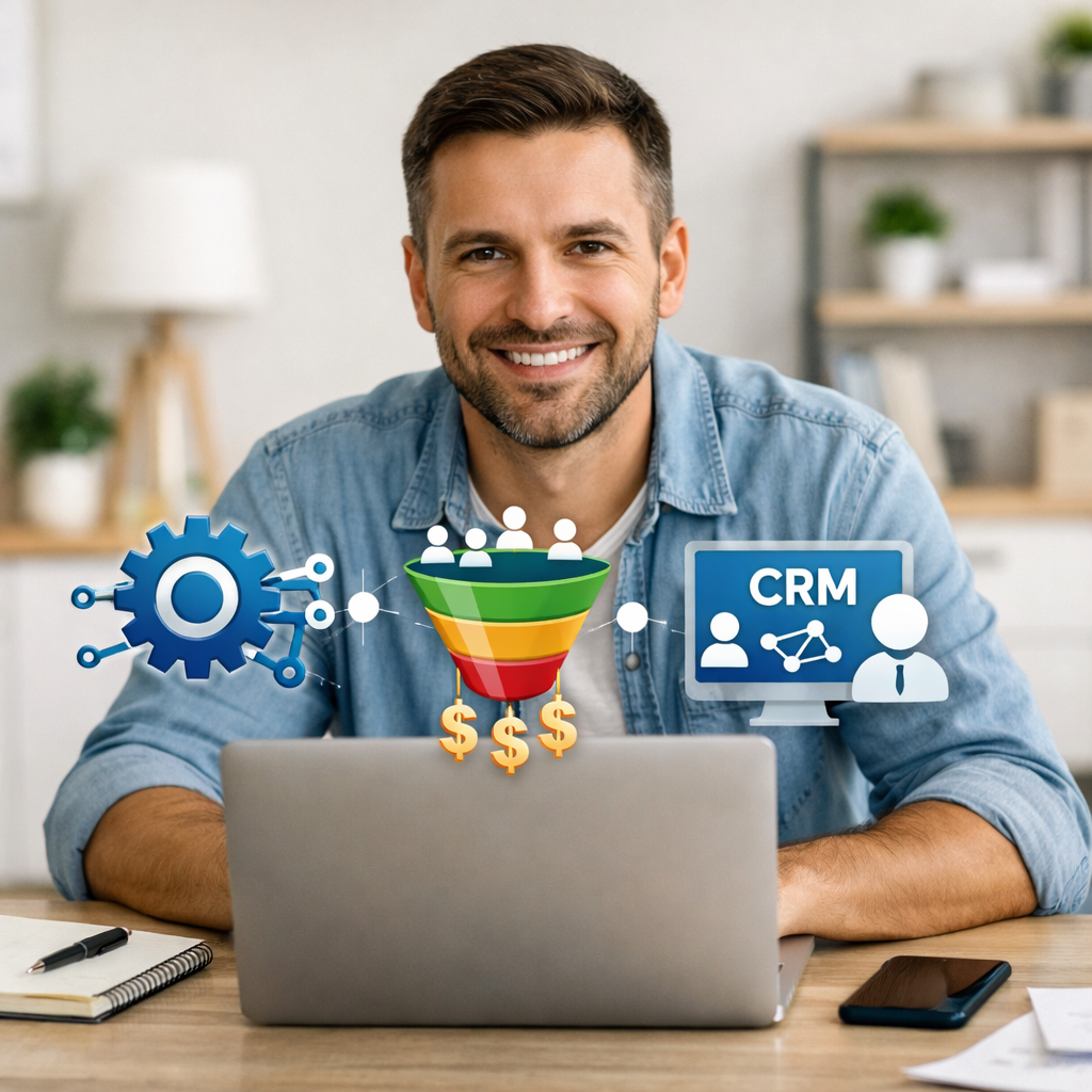 Small business owner using sales funnel automation software on laptop.