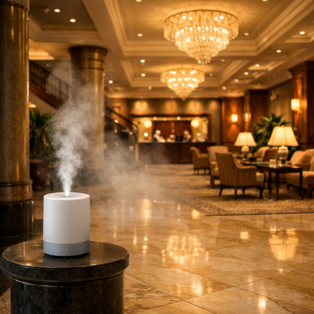 Luxury hotel lobby with scent diffuser creating a welcoming atmosphere.