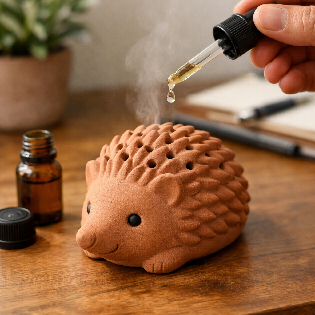 Clay non toxic diffuser on a desk with essential oil