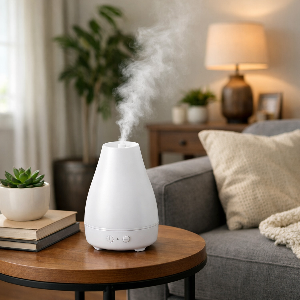A realistic illustration of a modern living room with a sleek plastic diffuser on a side table, showing gentle mist spre