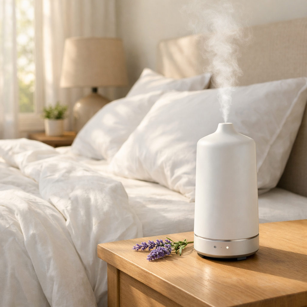 A realistic scene of a sunlit bedroom with a soft white duvet, a sleek cold‑air diffuser on a nightstand, and a faint la