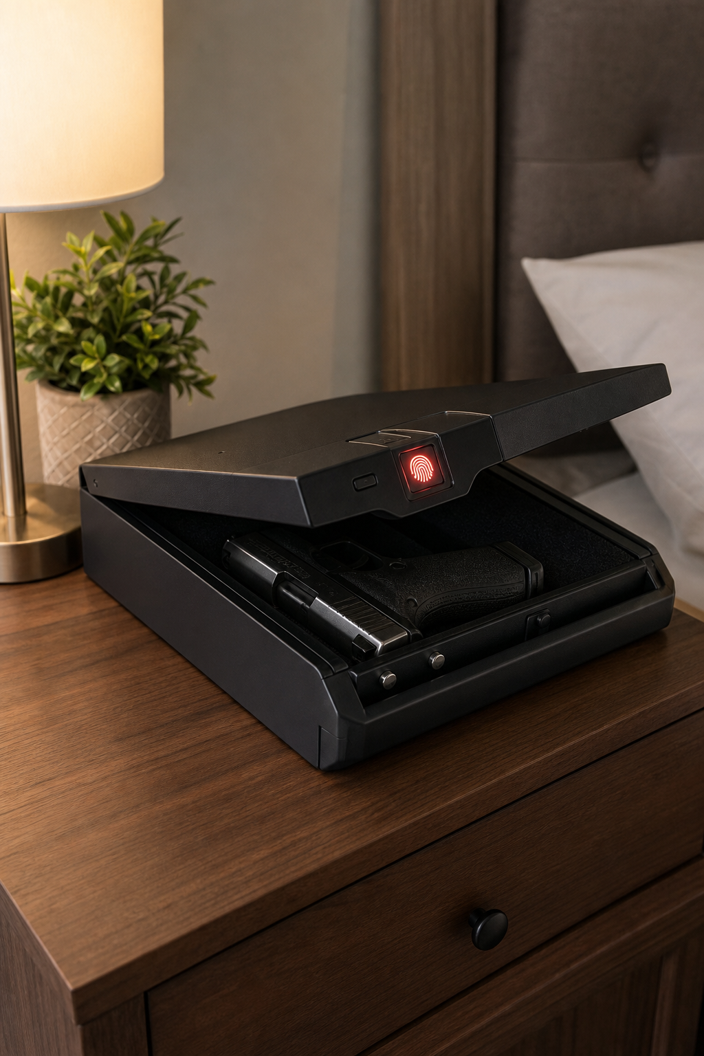 A realistic photo of a modern biometric gun safe on a bedside table, soft lighting, showing the sleek metal case and a f