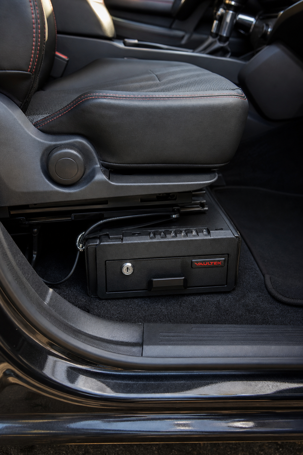 A realistic shot of a compact gun safe mounted under a car seat, cable lock wrapped around a metal frame, showing the sa
