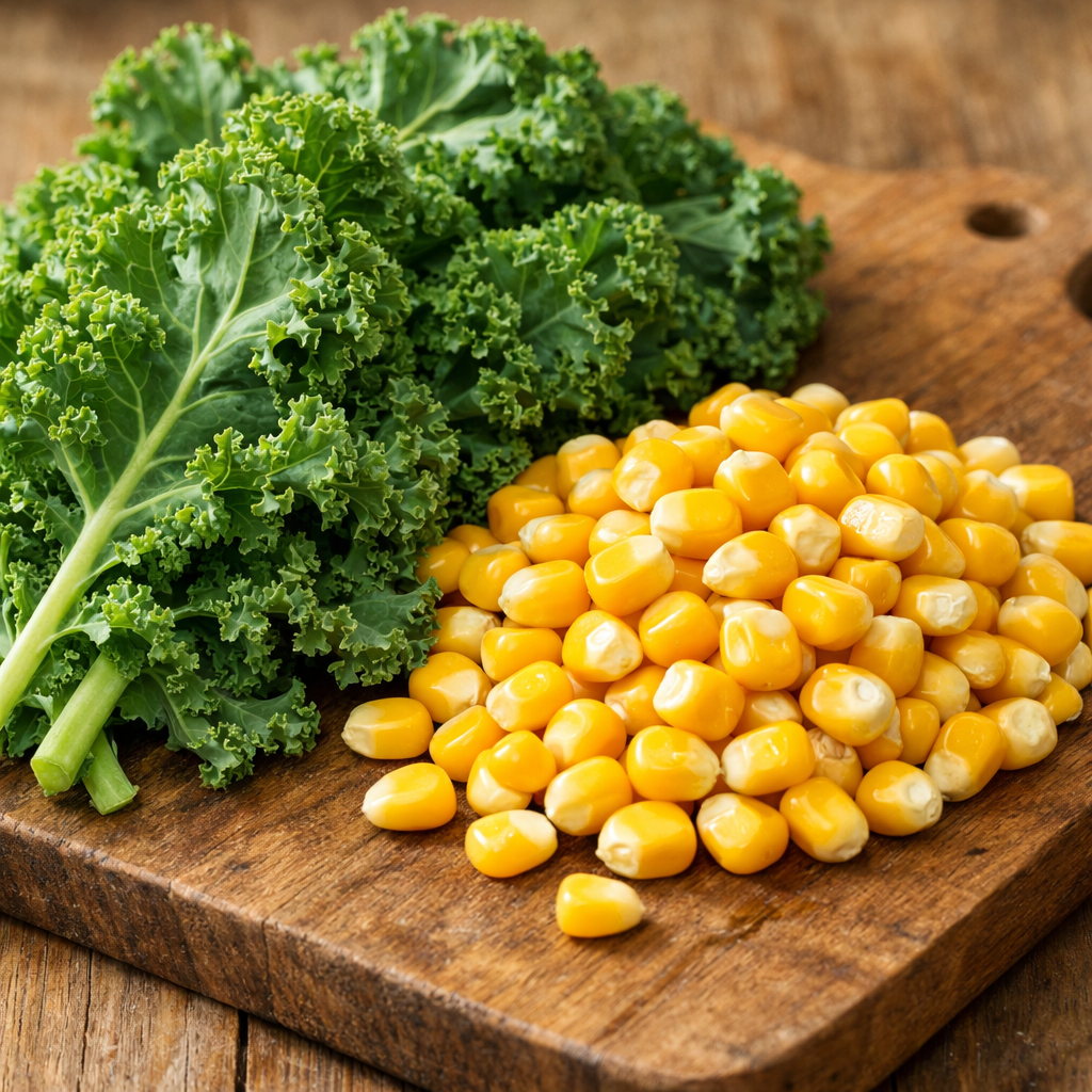 A photorealistic close‑up of lutein‑rich kale leaves and zeaxanthin‑rich corn kernels arranged on a wooden cutting board