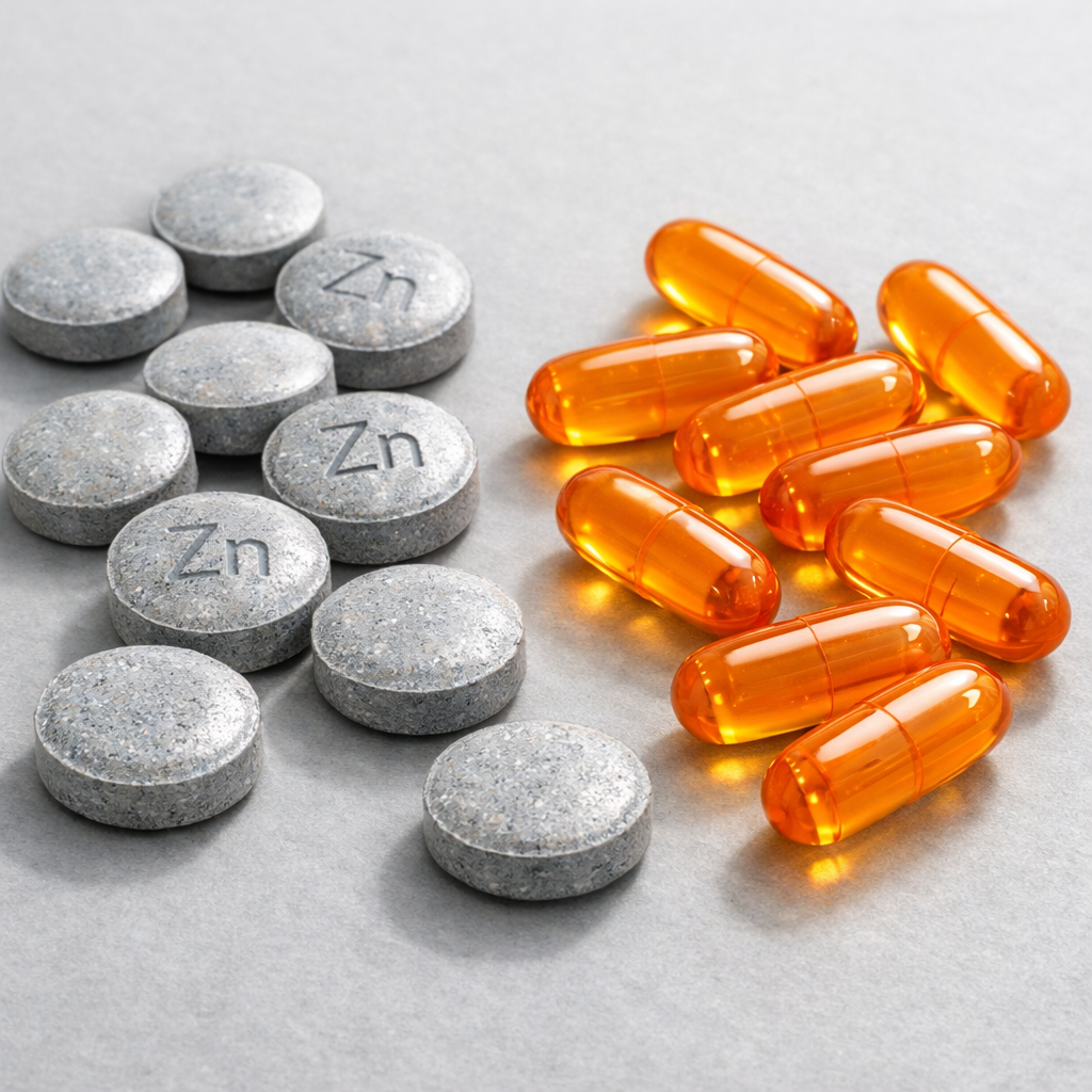 A realistic close‑up of zinc tablets and orange‑colored vitamin A capsules scattered on a light‑gray surface, soft shado