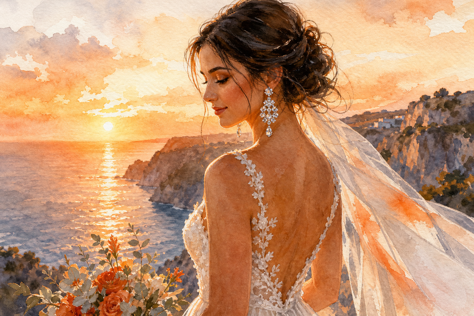 Watercolor scene of a bride wearing sparkling statement earrings on a sunset cliff, alt: statement earrings for destinat