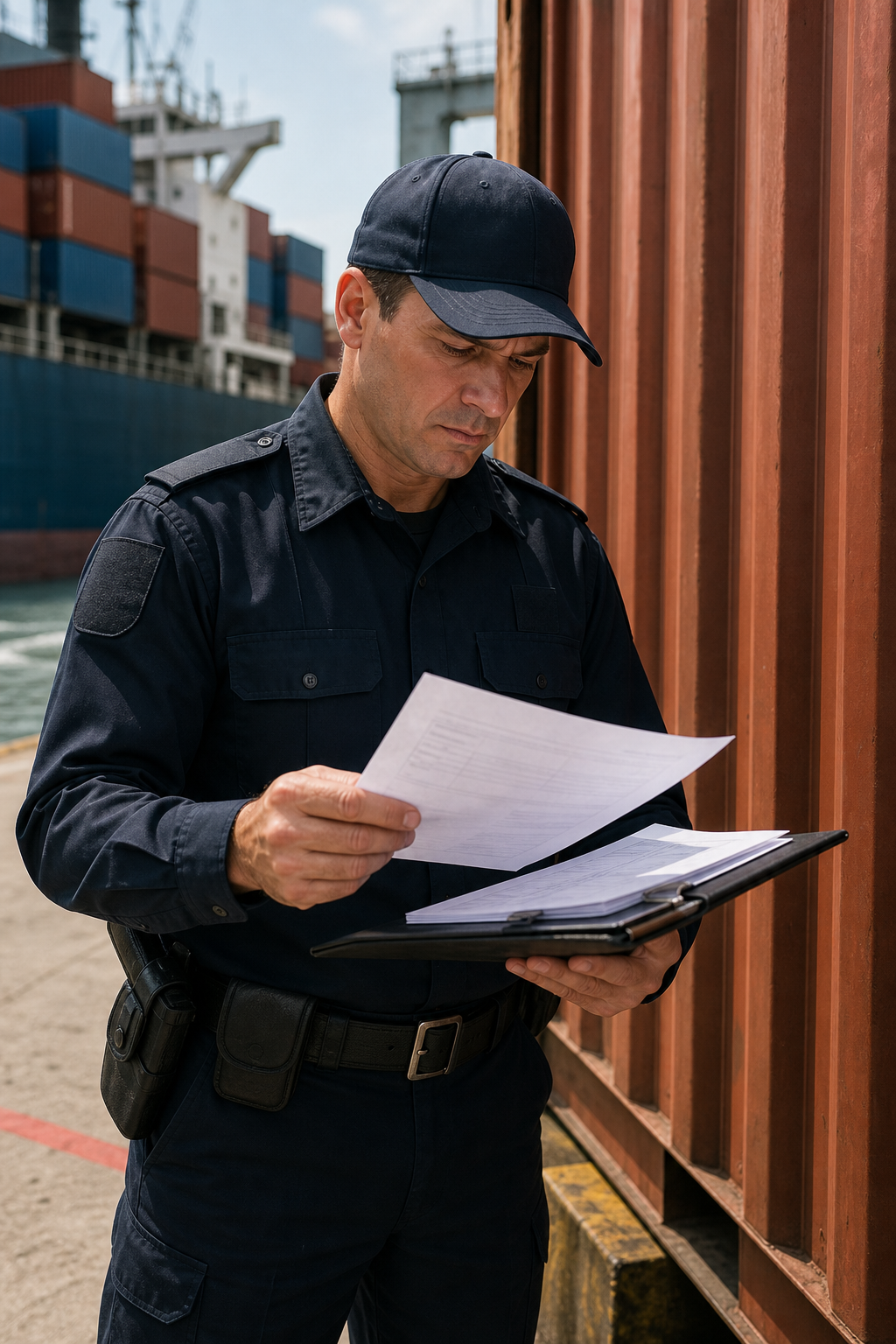 A photorealistic illustration of a customs officer reviewing a ship’s paperwork beside a cargo container, alt: Jones Act