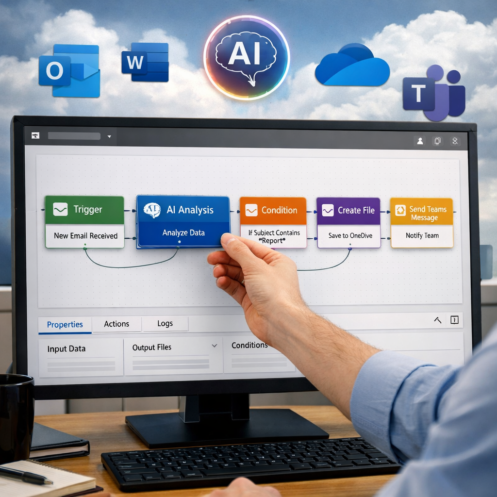 AI automation platform dashboard with Microsoft apps integration