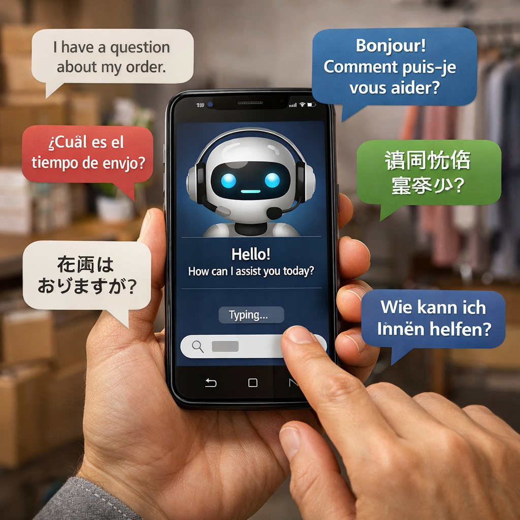 A realistic illustration of a multilingual chatbot handling a customer query on a smartphone, with speech bubbles in dif