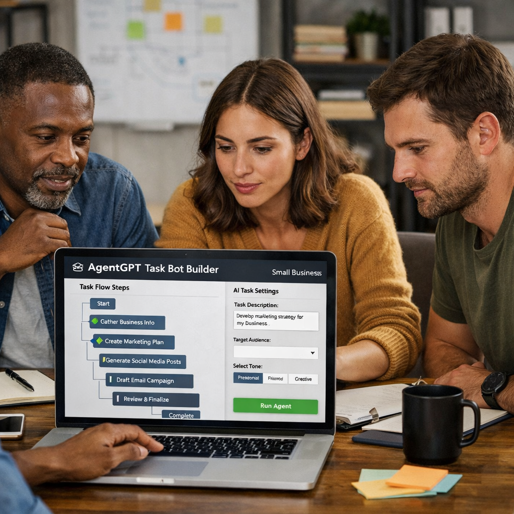 A realistic scene of a small team brainstorming around a laptop while an AI task bot dashboard shows flow steps, alt: Ag