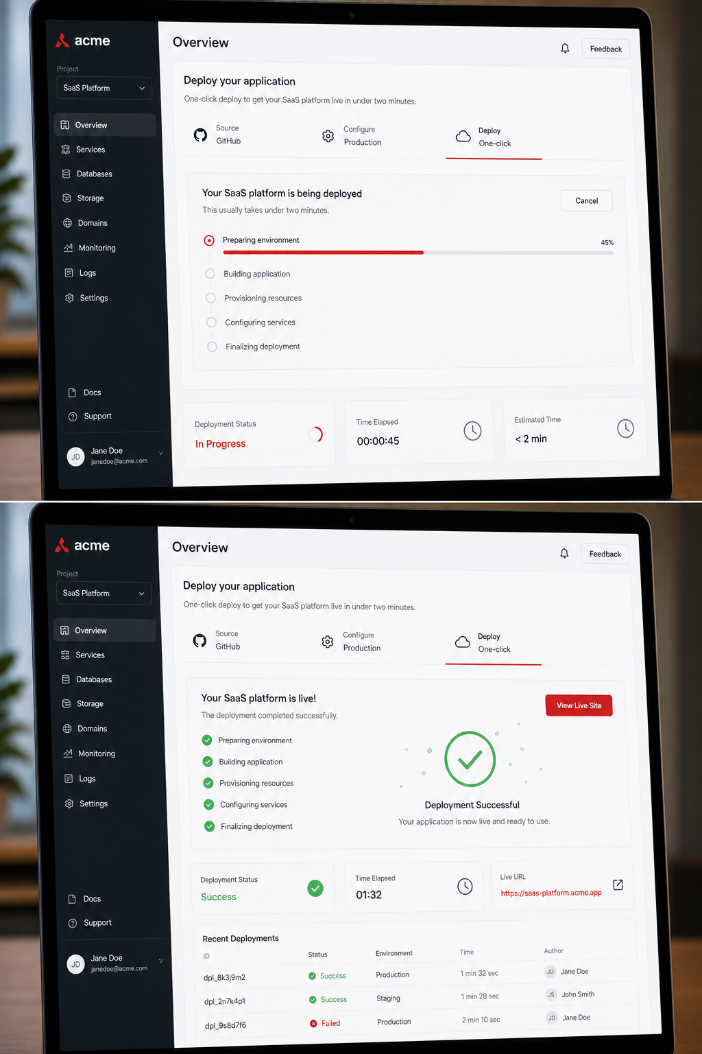 one‑click SaaS deploy under two minutes dashboard