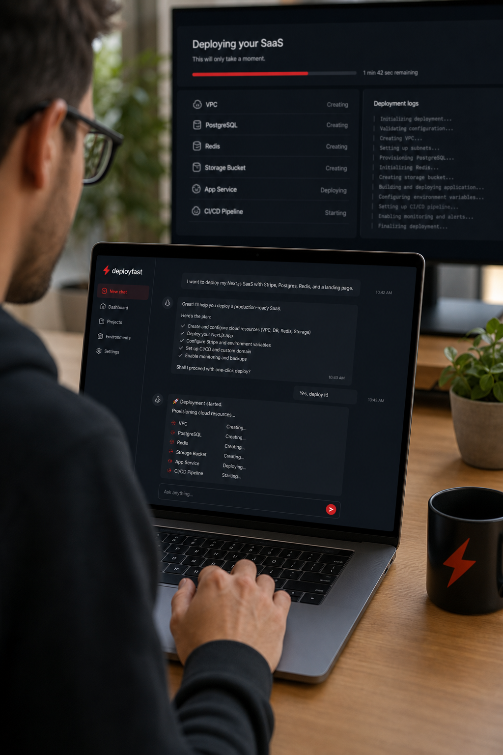 AI‑powered one‑click SaaS deploy under two minutes illustration