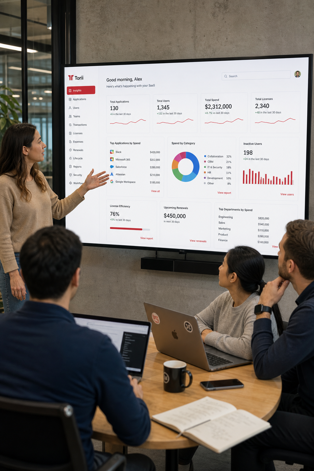 A realistic office scene showing a team gathered around a large screen displaying a multi‑app SaaS usage dashboard, brig